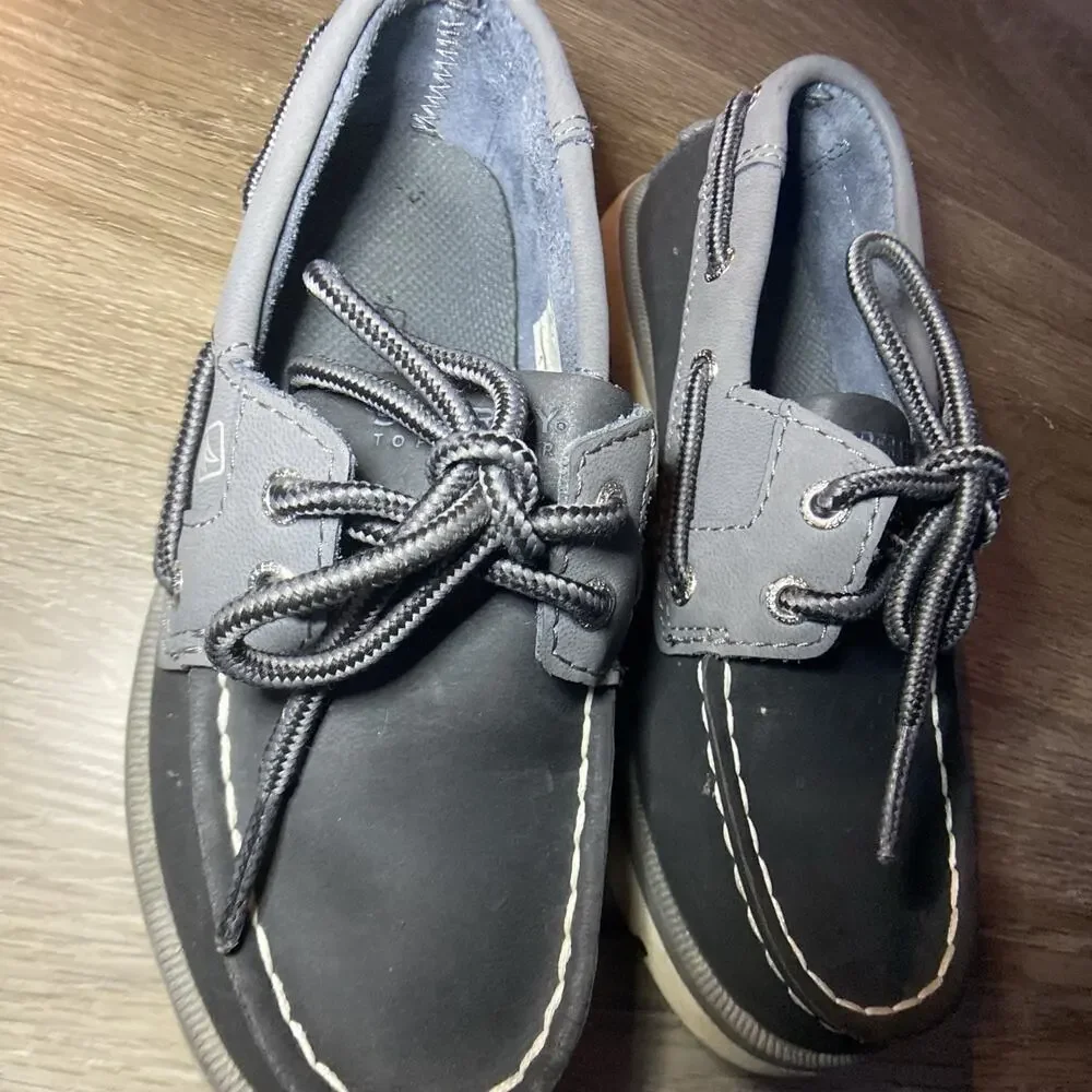 Sperry Top-Sider Leward Boat Shoes Boys Sz 12.5 Black Grey Leather Casual